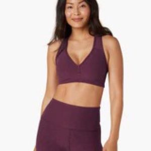 LOT Beyond Yoga Fig Heather Spacedye biker shorts, cropped tank, and sports bra